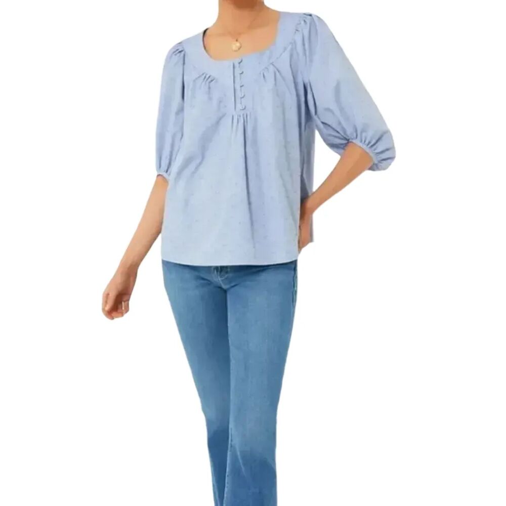 Tuckernuck Pomander Place Chambray Inara Blouse 3/4 Puff Sleeve Blue | Size M